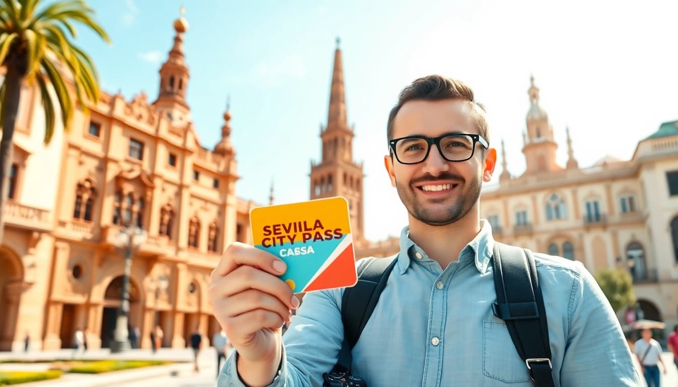Mit Sevilla City Pass erkundet der Reiseführer Seville, ikonische Sehenswürdigkeiten im Hintergrund.