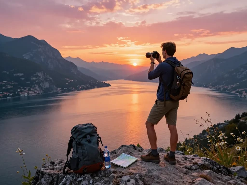 Reisender am Gardasee während des Sonnenuntergangs, der atemberaubende Ausblicke mit Gardasee Reisetipps im Hinterkopf festhält.