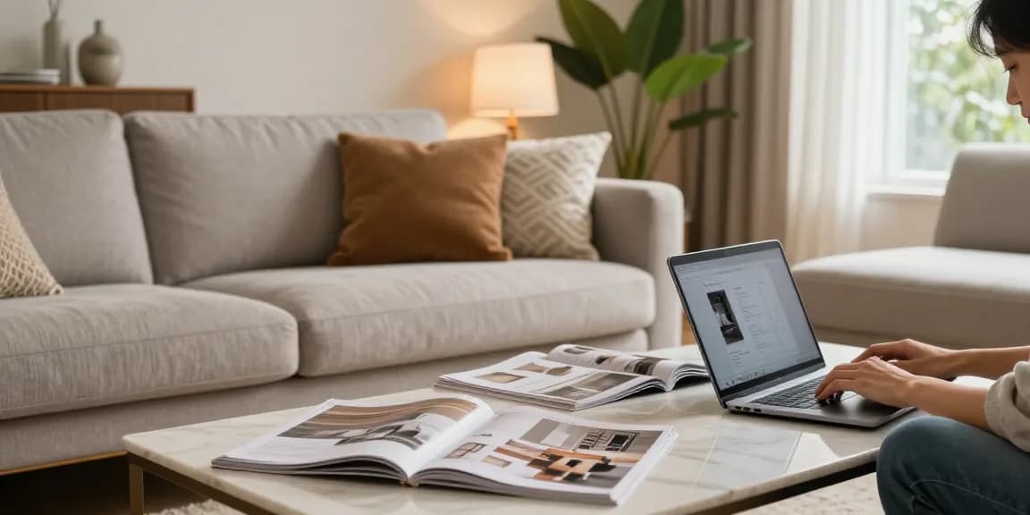Eine stilvolle Wohnzimmerszene, die Möbel online kaufen fördert, mit einer Person, die auf einem Laptop nach Möbeloptionen inmitten eleganter Dekoration sucht.