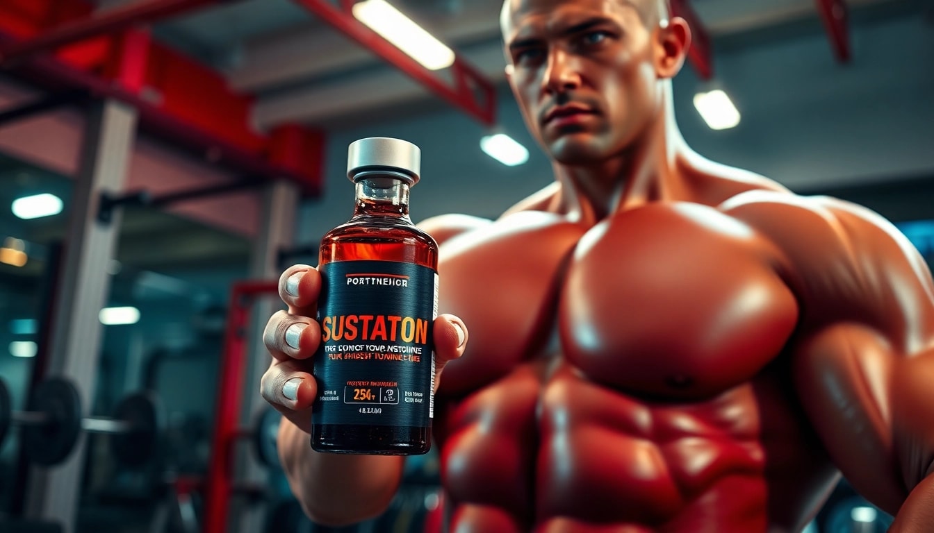 Sustanon kaufen - Bodybuilder showcasing Sustanon in an energetic gym atmosphere.