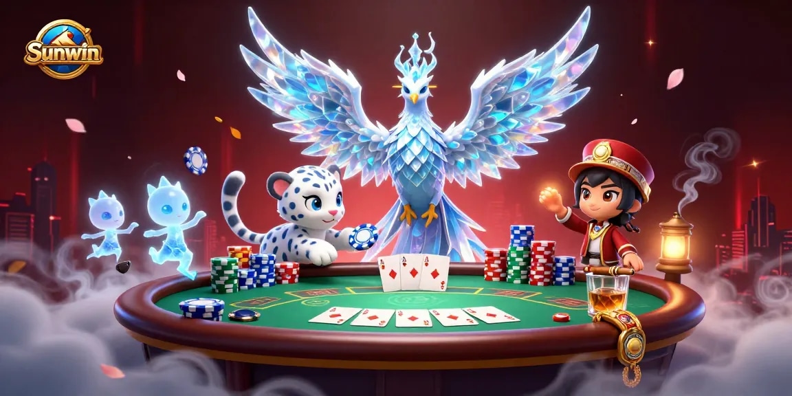 Engage with emotions in Sunwin's thrilling poker scene featuring a playful snow leopard and mystical phoenix.