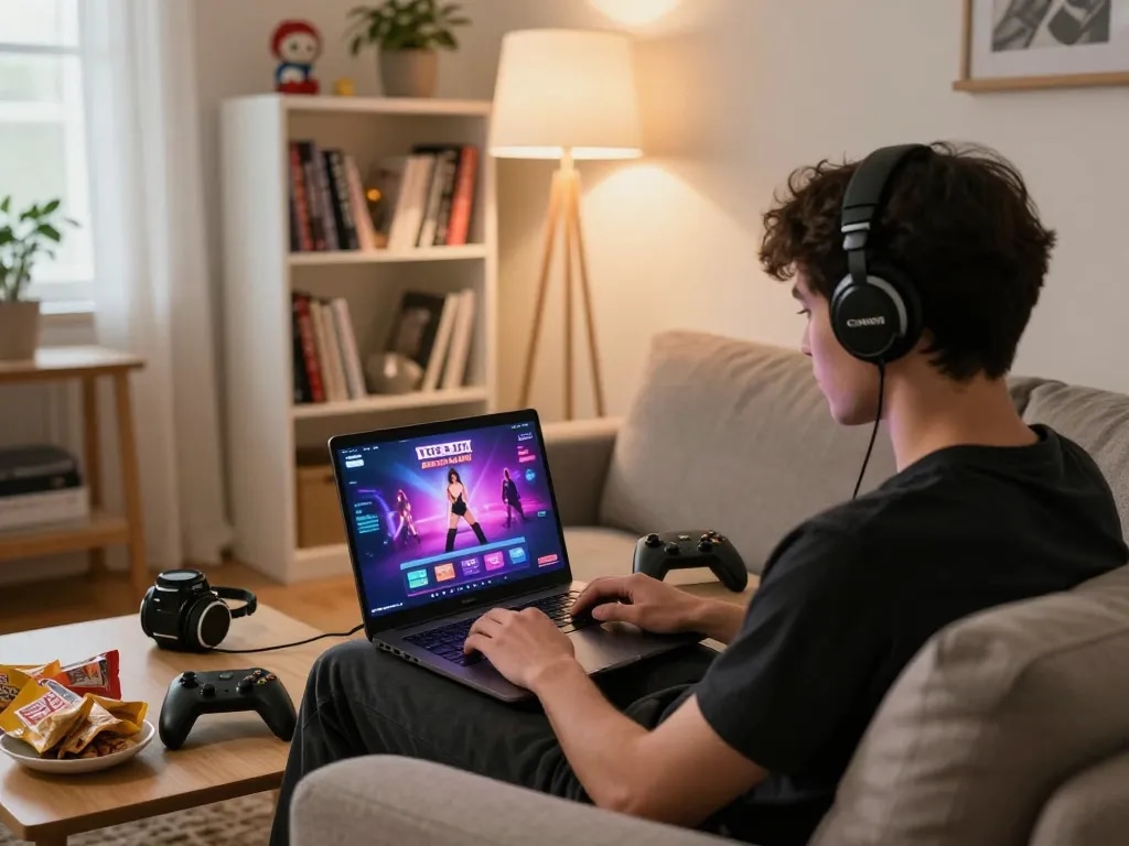 Engaged player enjoying a free sex game in a cozy gaming space.