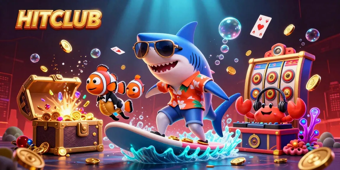 Hitclub shark engages players with vibrant casino action in this stunning underwater scene.