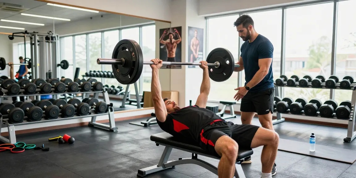 Anabolika Shop: Athletischer Mann trainiert mit Gewichten im Fitnessstudio während des Tages, energiegeladenes Ambiente.