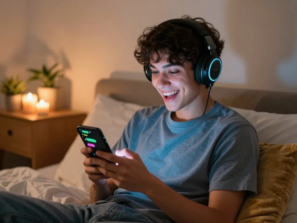 Engaging with an nsfw chat bot in a cozy bedroom setting with colorful LED lights.