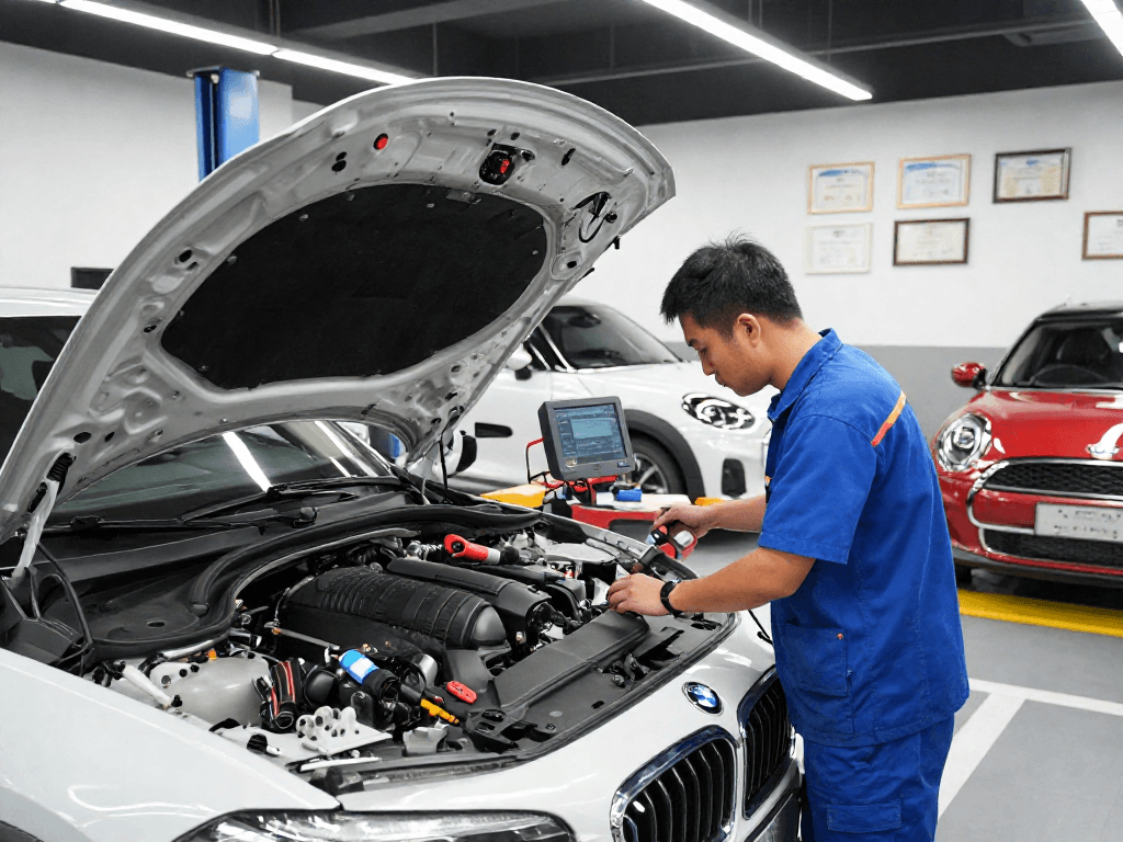 BMW Werkstatt Hannover - Fachmann prüft Motor in moderner Werkstatt mit hochwertigen Werkzeugen.
