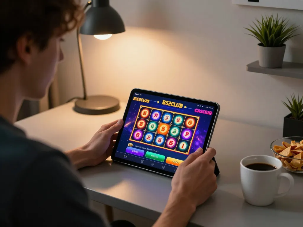 B52club user engaged in online gaming on a tablet with vibrant slot games displayed.