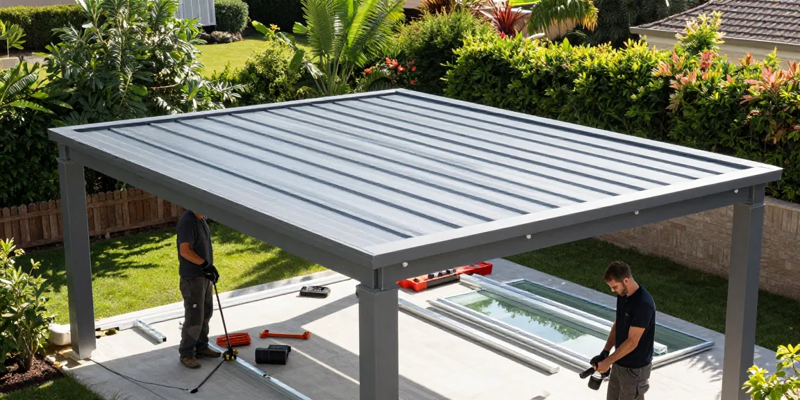 Installation einer Terrassenüberdachung mit stylischem Aluminiumdach und Handwerker im Garten.