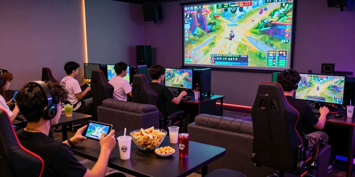 Exciting gaming atmosphere at https://b52club.radio.fm/ with friends enjoying mobile games in a vibrant lounge setting.