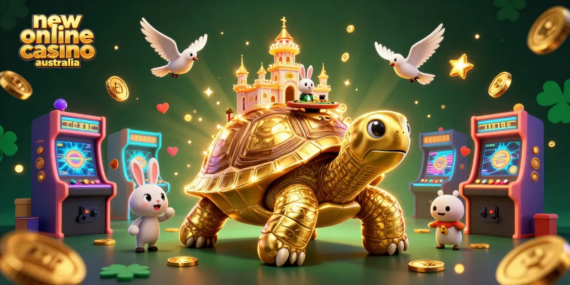 Experience the excitement of new online casino Australia with a vibrant 3D illustration filled with gold and gaming elements.