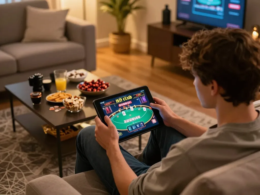 Engaging player enjoying hitclub poker game on tablet in cozy home setting.