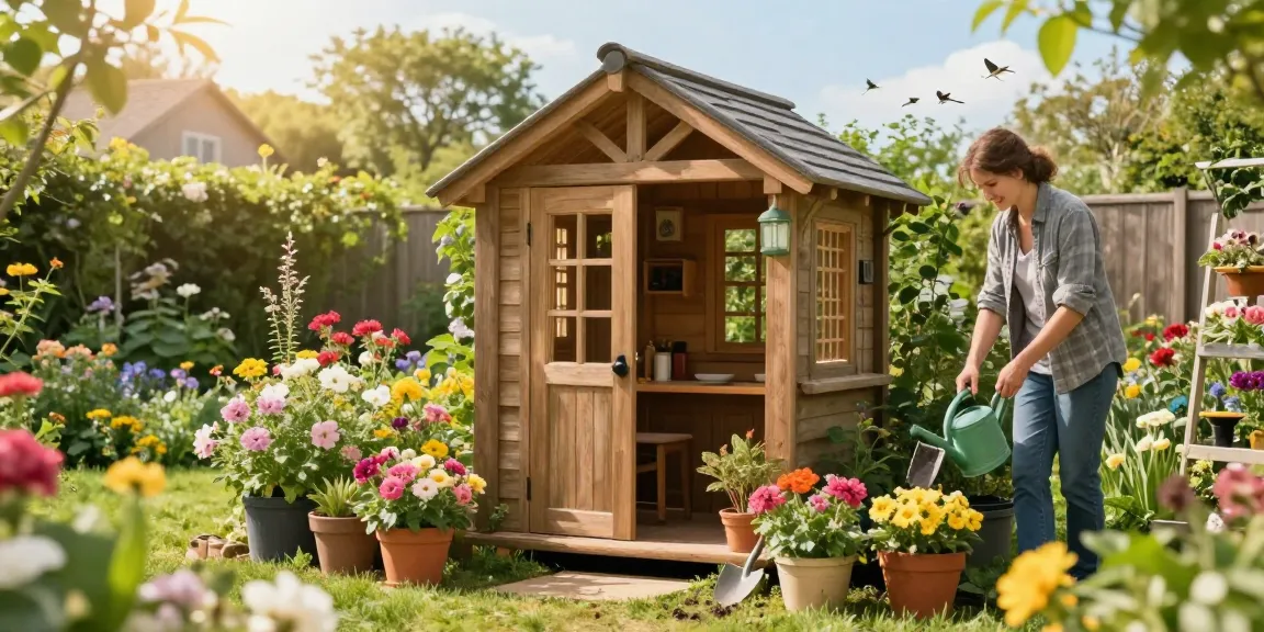Das Gartenhaus von McGarden24 umgeben von blühenden Pflanzen und einem Gärtner, der mit Werkzeugen arbeitet, ideal für Gartenliebhaber.