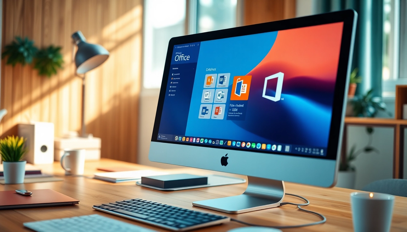 Kauf des Office Standard 2024 für Mac Lizenzschlüssel auf einem modernen Arbeitsplatz zeigen