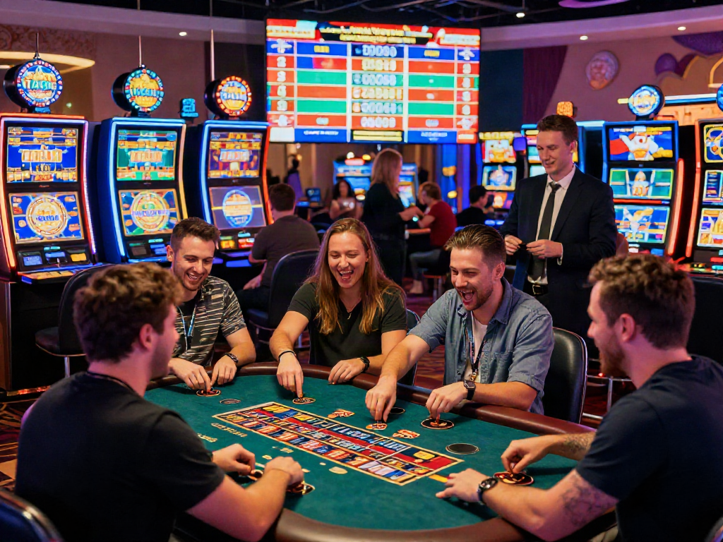 Exciting gaming atmosphere at TA88 casino with players celebrating wins and colorful slot machines.