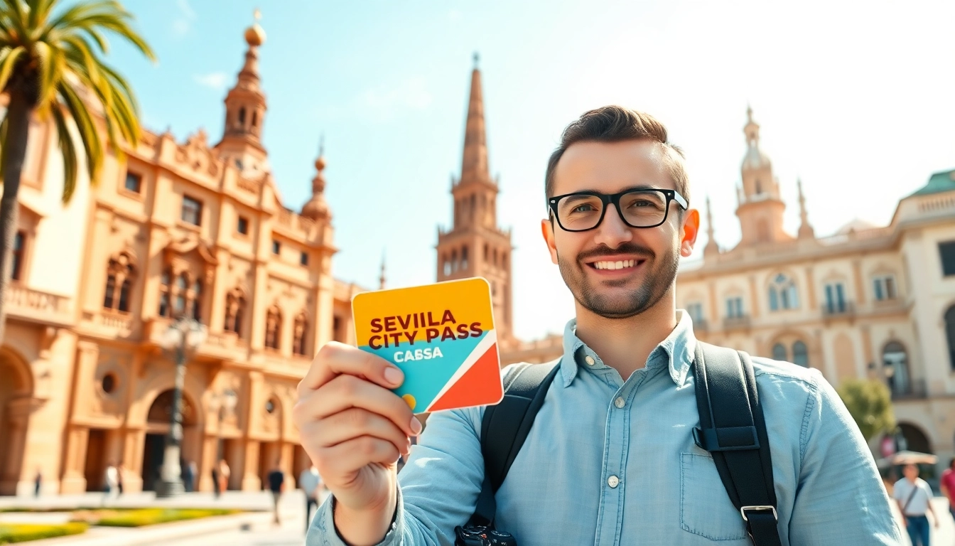 Mit Sevilla City Pass erkundet der Reiseführer Seville, ikonische Sehenswürdigkeiten im Hintergrund.