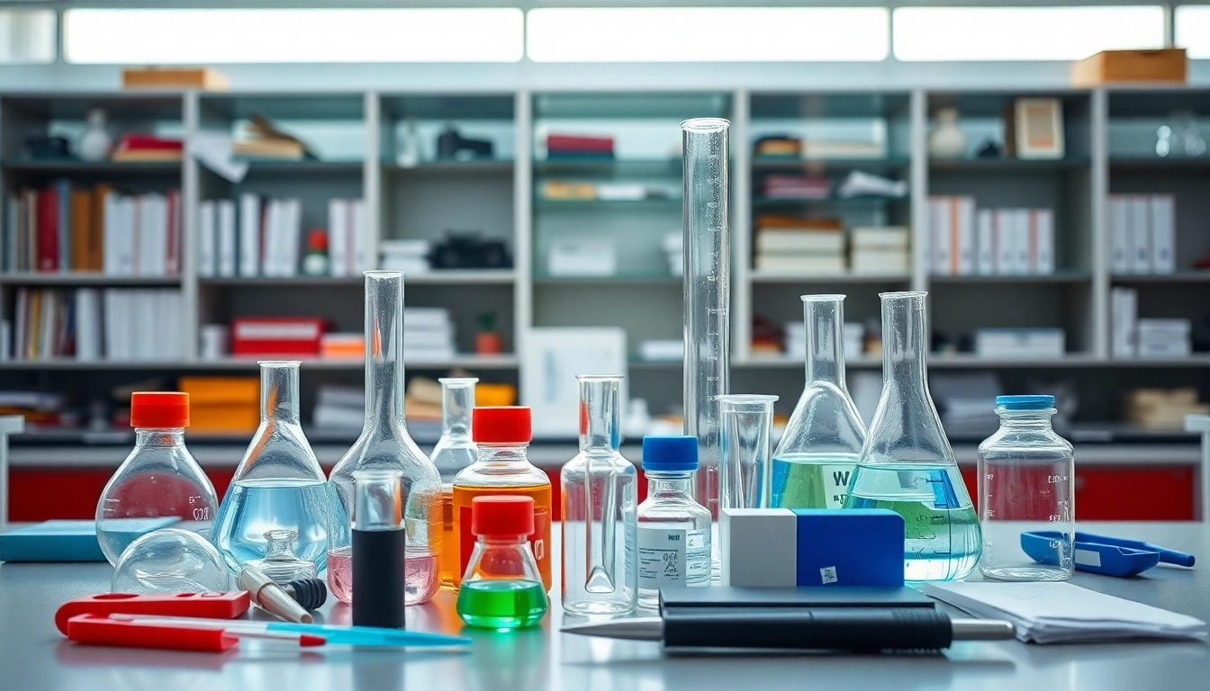 Labormaterial bestellen auf einem Schreibtisch mit Bechern und Sicherheitsausruestung praesentieren.