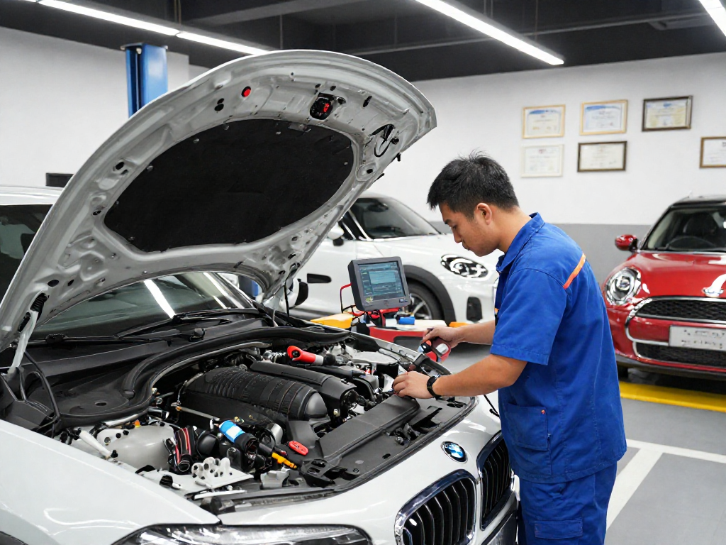 BMW Werkstatt Hannover - Fachmann prüft Motor in moderner Werkstatt mit hochwertigen Werkzeugen.