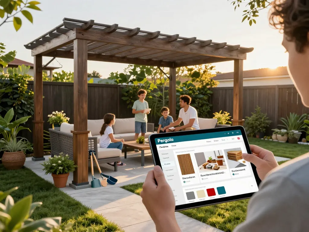 Pergola Konfigurator 3D, der Anpassungsoptionen für den Außenbereich zeigt, mit einer Familie, die eine moderne Pergola genießt.