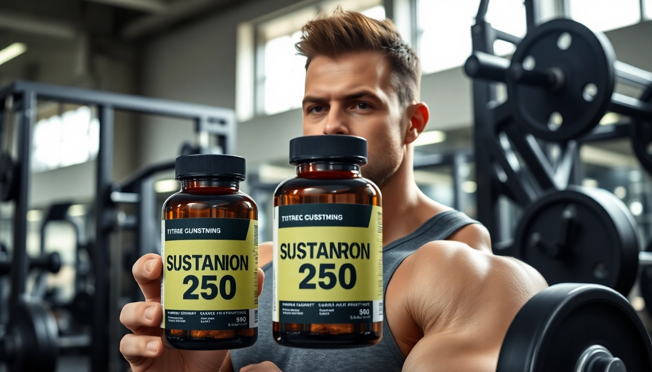 Verfügbare Option für sustanon 250 kaufen mit Fitnesszubehör im Hintergrund.