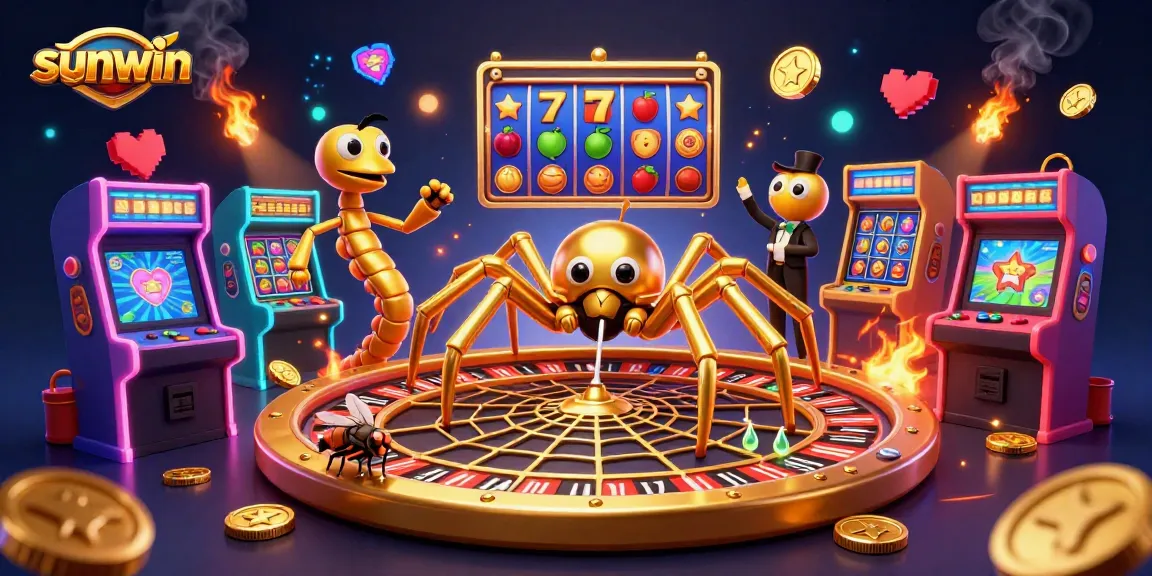 Engage with sunwin as a golden spider spins a roulette wheel in this dynamic casino illustration.