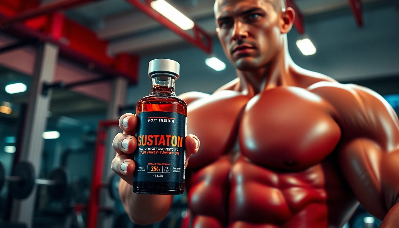 Sustanon kaufen - Bodybuilder showcasing Sustanon in an energetic gym atmosphere.