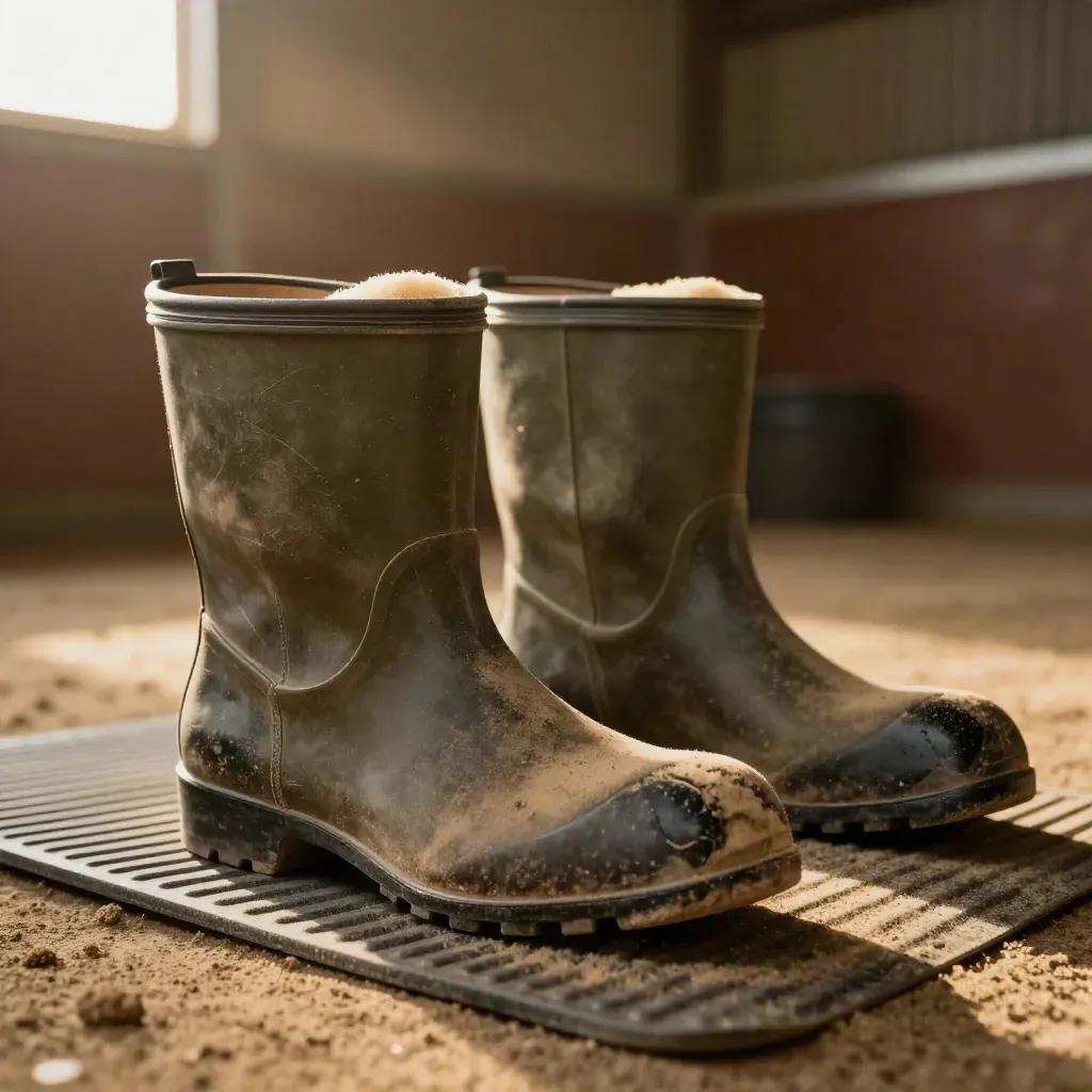 Hufschuh-Anpassung mit zwei Hufschuhen, Einlagen und sauberem Huf auf rutschfester Matte.
