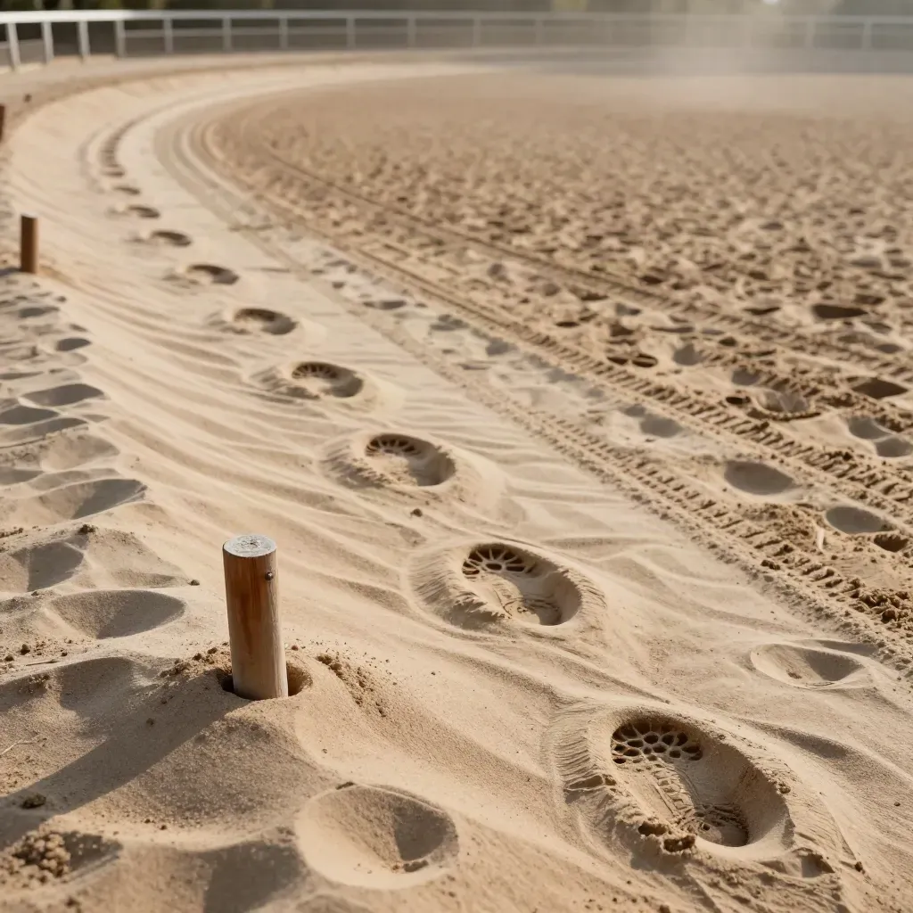 Hufabdrücke im Sand einer Reitbahn mit Stangen und ruhiger Bahnlinie
