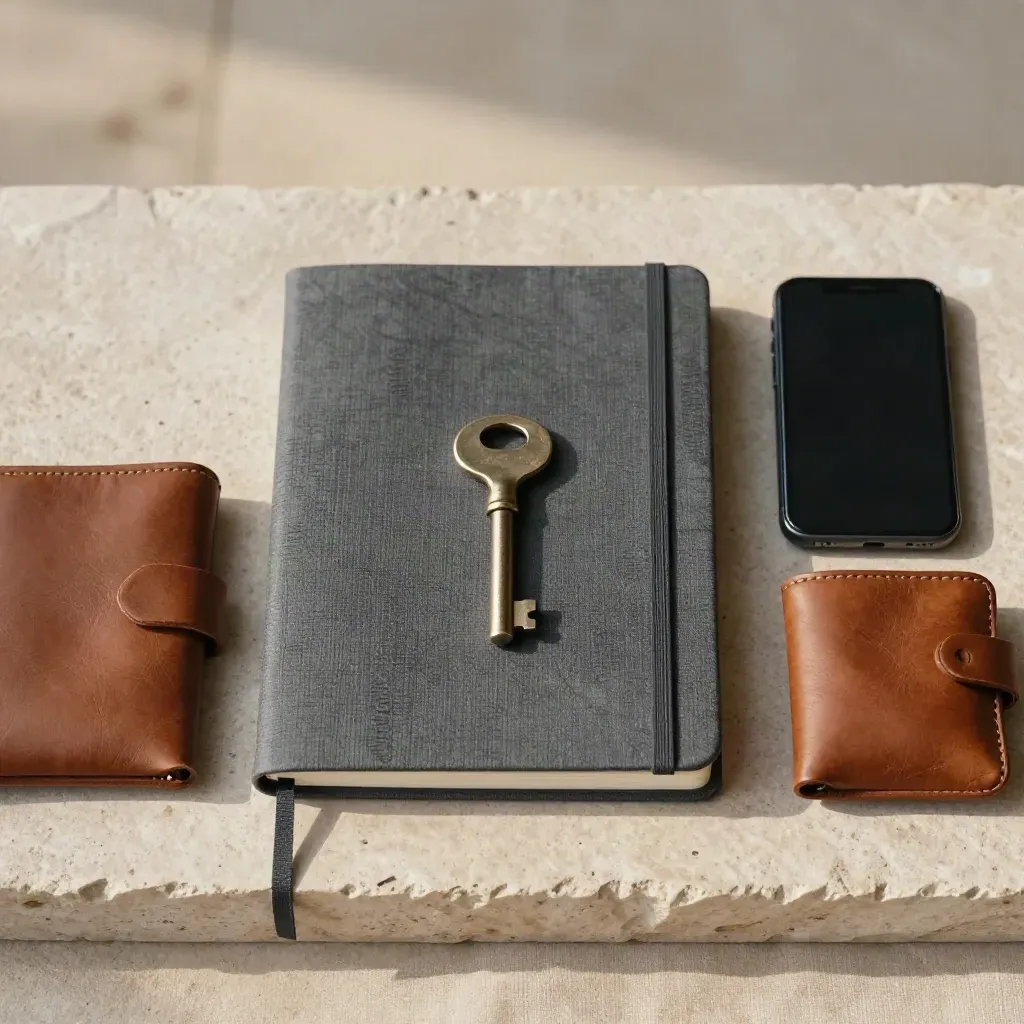 Notizbuch, Stallschlüssel, Smartphone und Ledertasche auf hellem Stein von oben arrangiert.