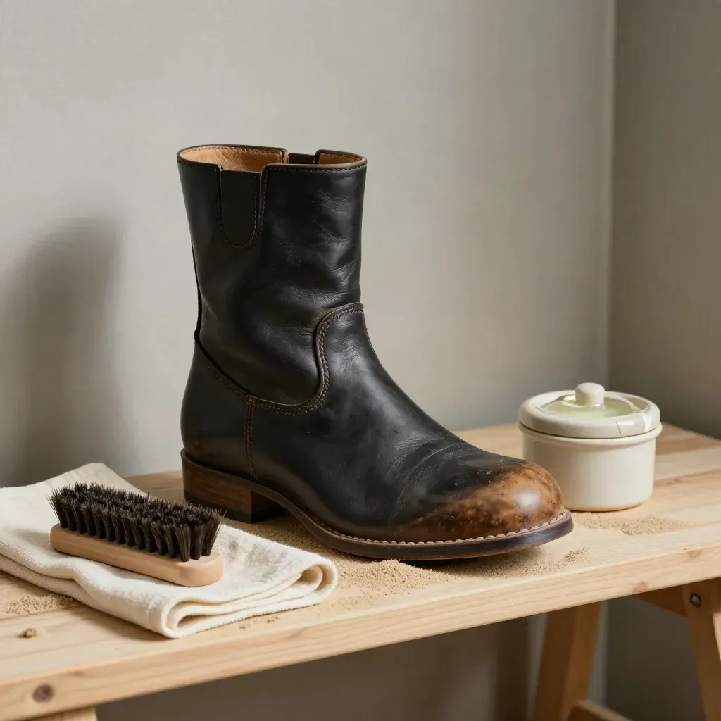 Hufschuh, Bürste, Tuch und Huföl auf sandfarbenem Holz, ruhig inszeniert