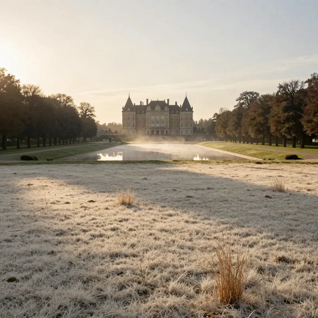 Münsterland im Goldlicht mit kleinem Wasserschloss, Baumreihen und ruhiger Wiese.