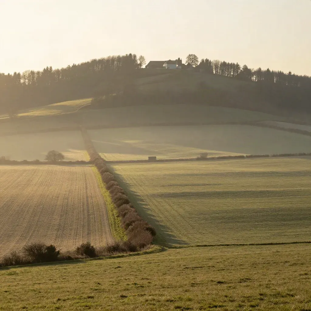 Morgennebel über dem Osnabrücker Land mit bewaldetem Höhenzug und Hofgruppe.