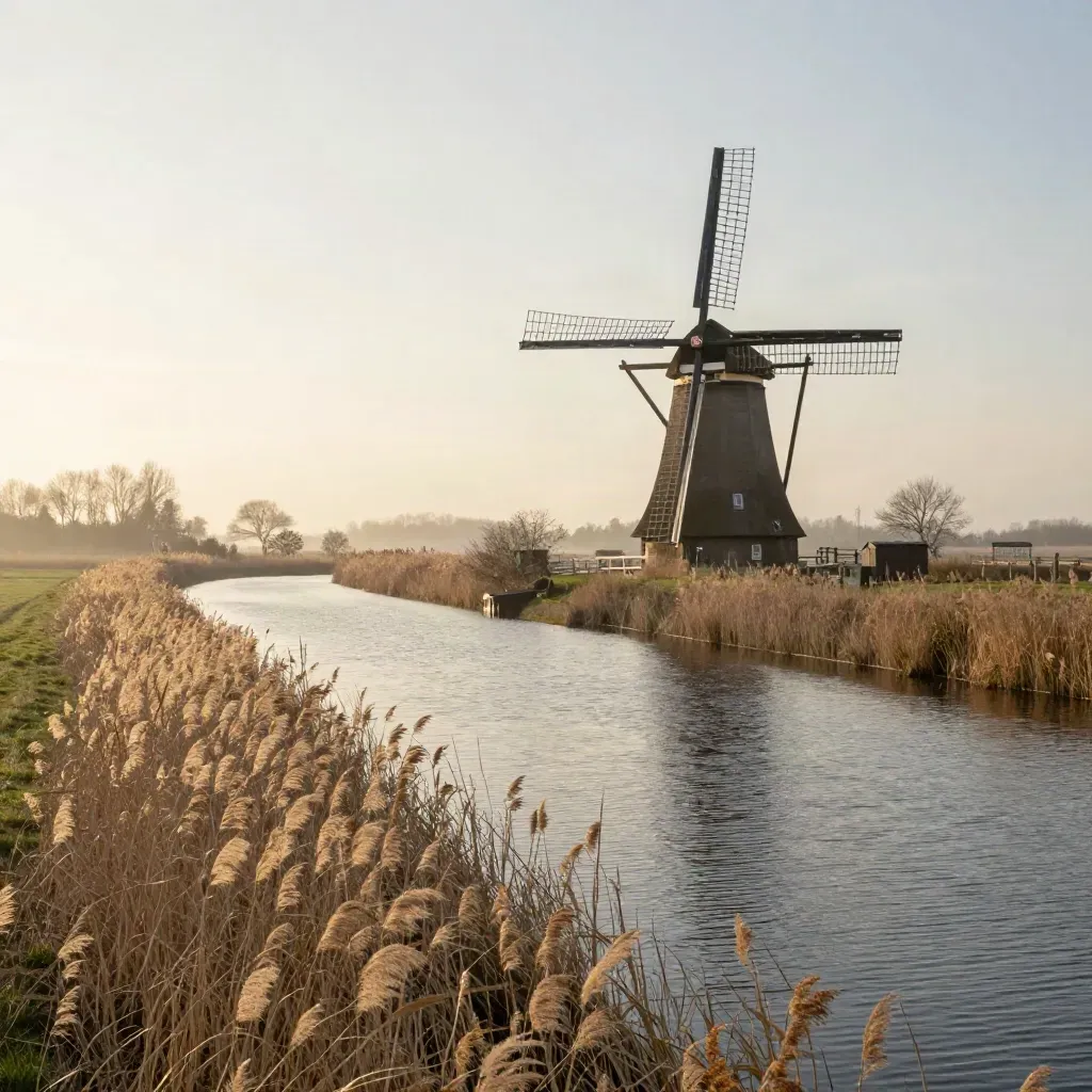 Weite Kanal-Landschaft im Emsland mit Windmühle im goldenen Licht