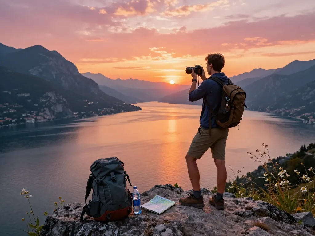 Reisender am Gardasee während des Sonnenuntergangs, der atemberaubende Ausblicke mit Gardasee Reisetipps im Hinterkopf festhält.