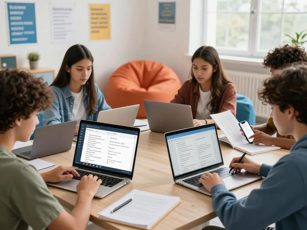 Studierende nutzen einen Hausaufgaben Löser online in einer kollaborativen Lernumgebung und beschäftigen sich mit digitalen Hausaufgabenlösungen und Ressourcen.