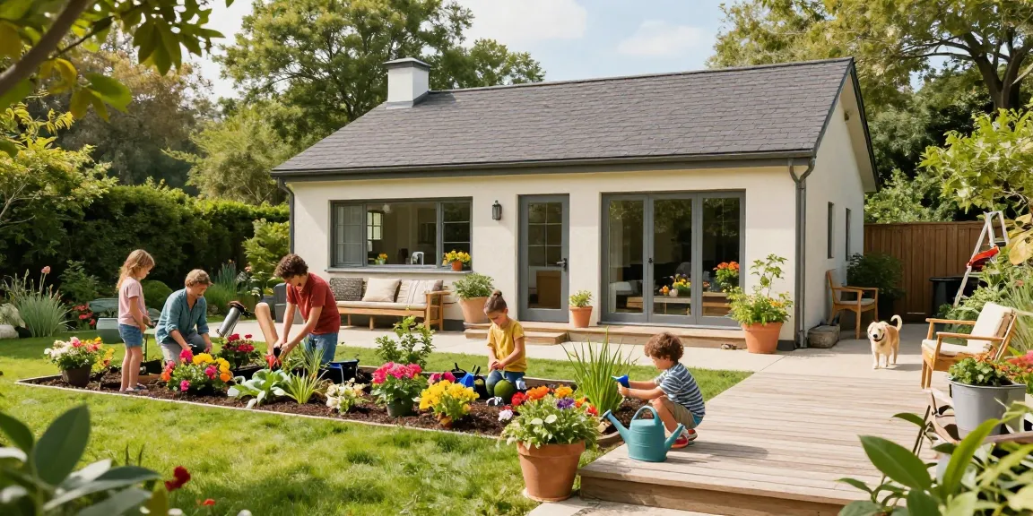 Gartenhaus im Freien mit einer Familie, die im Garten arbeitet und die Natur genießt
