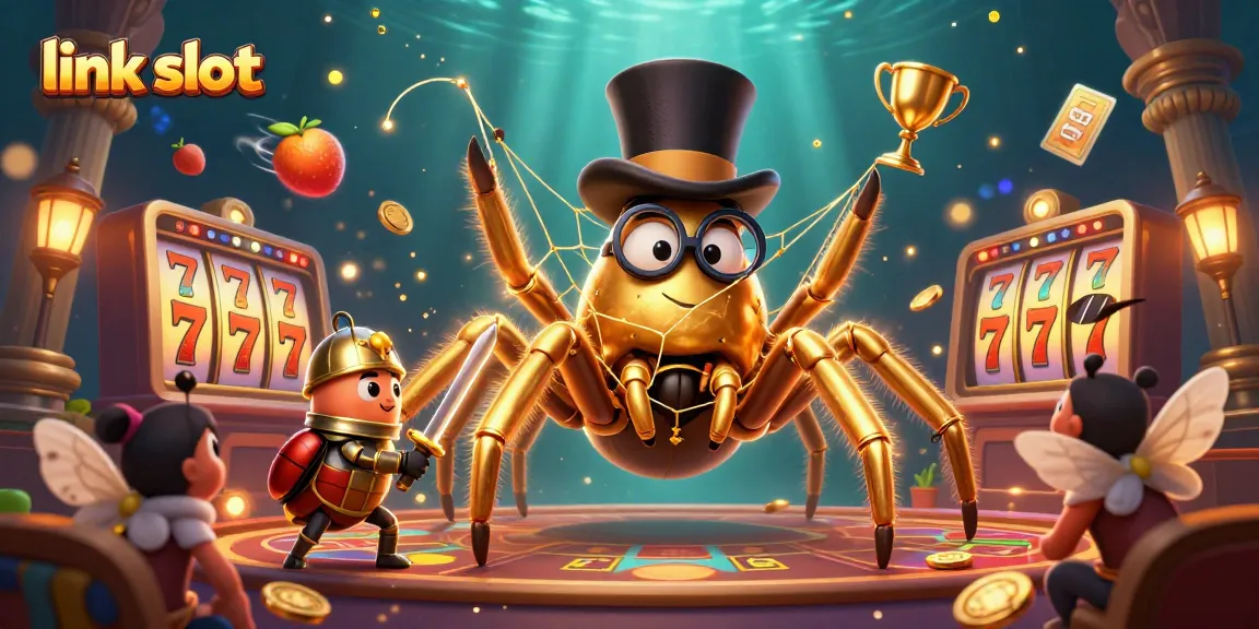Engage in the thrill of link slot with a dazzling 3D scene featuring a golden tarantula and casino elements.