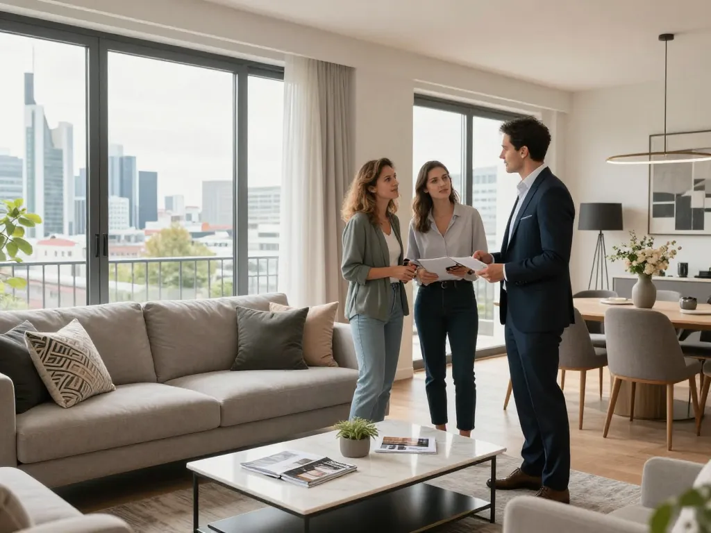 Immobilienmakler Frankfurt Dornbusch zeigt potenziellen Käufern ein elegantes Wohnungsinterieur in einem hellen Wohnzimmer mit Stadtblick.