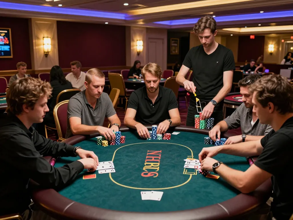 Engagierte Spieler an einem Pokertisch, die Professionalität in einem lebhaften Umfeld zeigen, Immobilienmakler Frankfurt Dornbusch im Fokus.