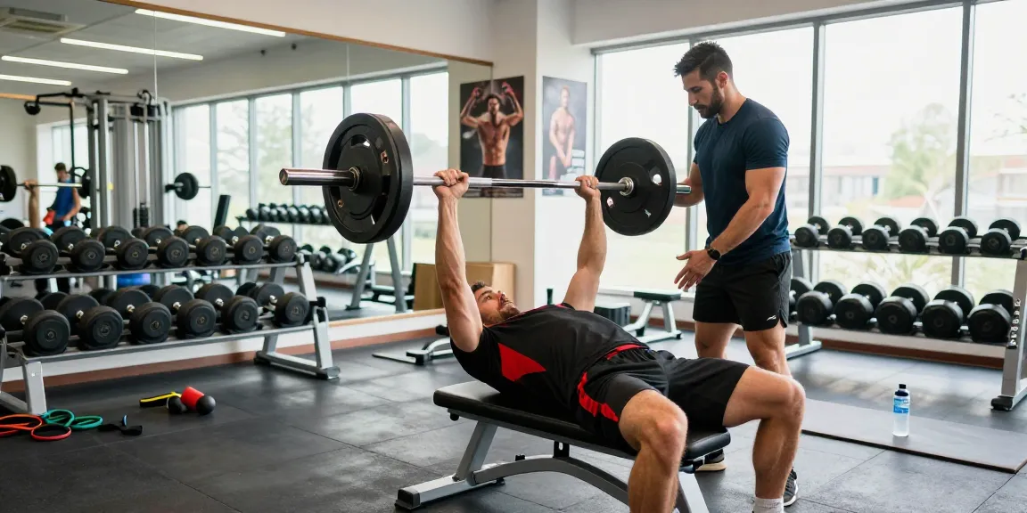Anabolika Shop: Athletischer Mann trainiert mit Gewichten im Fitnessstudio während des Tages, energiegeladenes Ambiente.