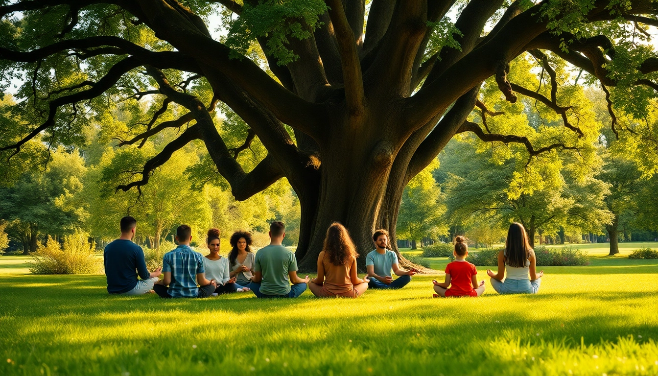 Menschen in Meditation beim schutzgebet in einem friedlichen Park.