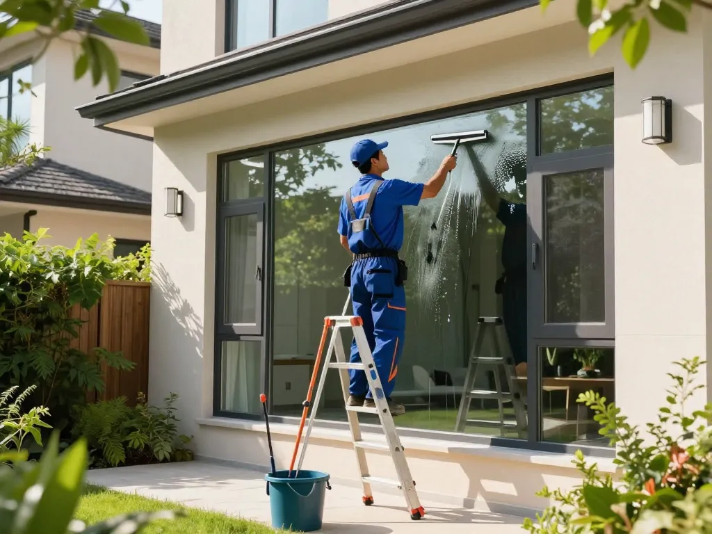 Professionelle Fensterreinigung in Münster mit einem Reiniger, der streifenfreie Fenster in einer hellen Wohnumgebung gewährleistet.