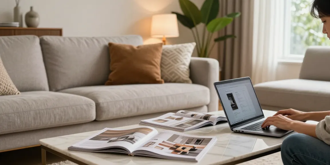 Eine stilvolle Wohnzimmerszene, die Möbel online kaufen fördert, mit einer Person, die auf einem Laptop nach Möbeloptionen inmitten eleganter Dekoration sucht.