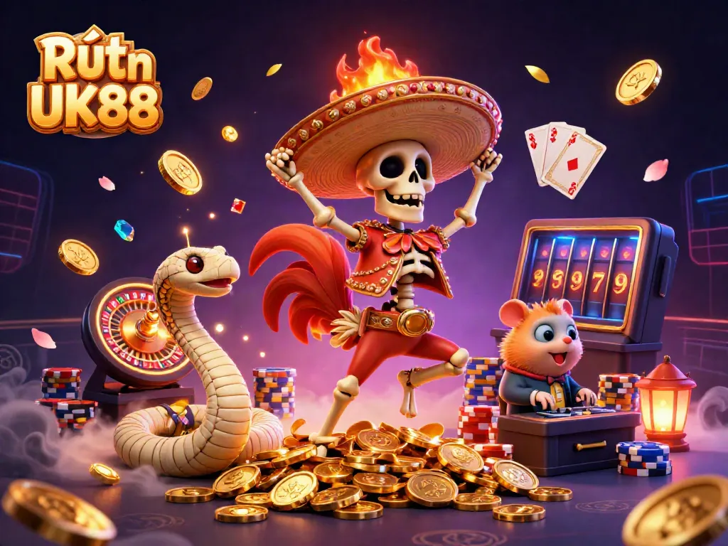 Experience the excitement of Rút Tiền UK88 with 3D characters celebrating around casino elements.