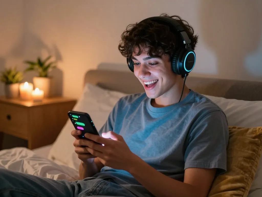Engaging with an nsfw chat bot in a cozy bedroom setting with colorful LED lights.
