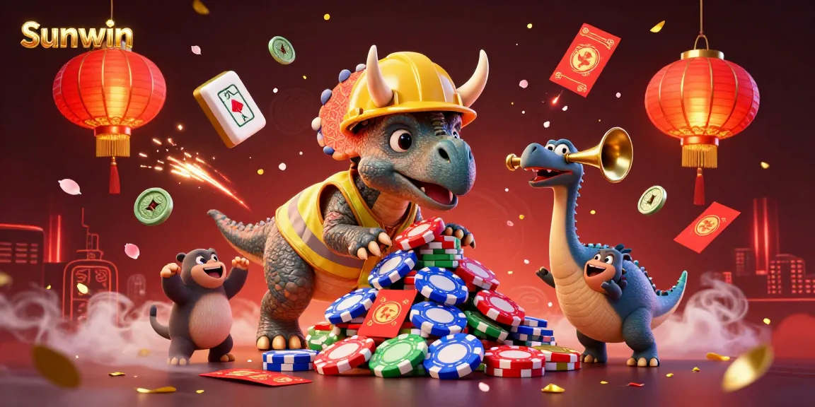 Sunwin showcases a lively 3D scene with a triceratops building poker chips amid festive decorations, celebrating excitement.