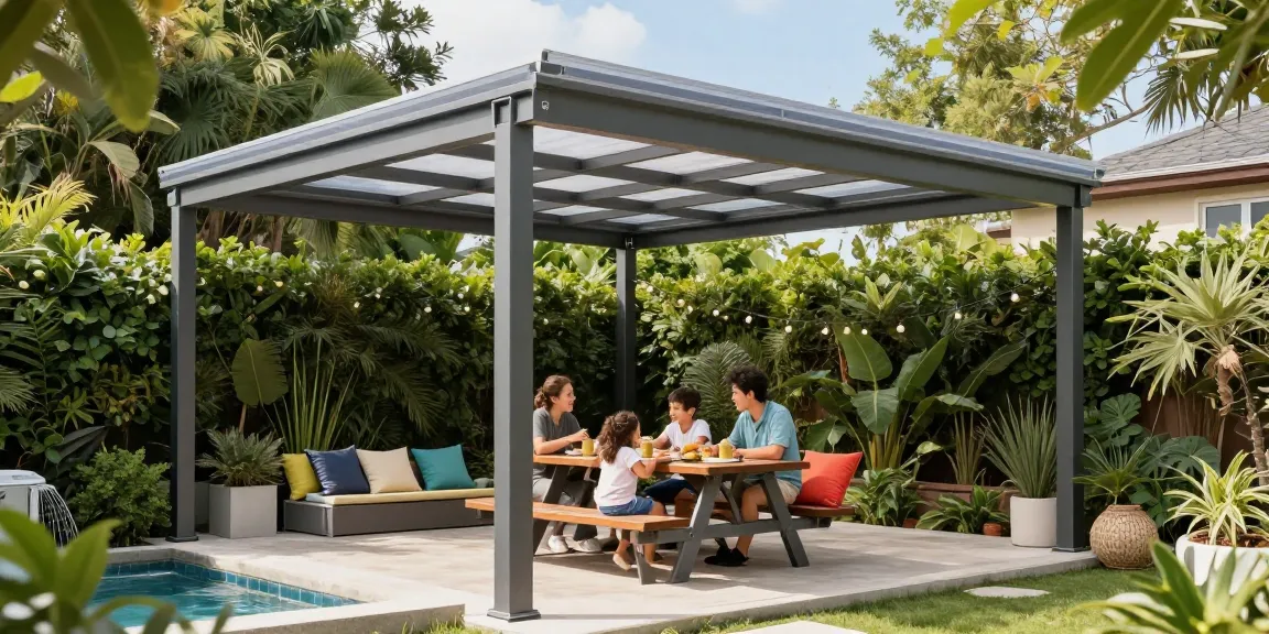 Freistehende Terrassenüberdachung mit Familie im Freien, sonniger Tag.