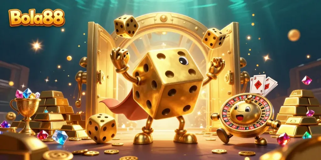 Experience the thrill of Bola88 with a dynamic 3D casino scene featuring a golden dice golem and treasures.