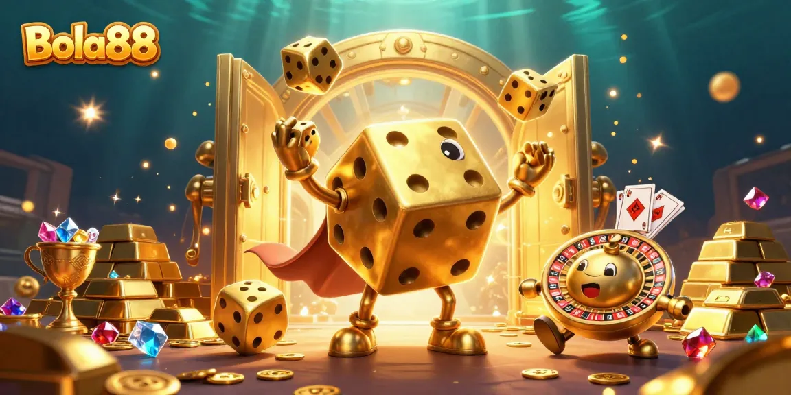 Experience the thrill of Bola88 with a dynamic 3D casino scene featuring a golden dice golem and treasures.