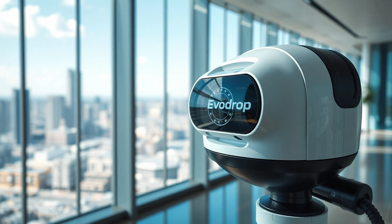 Evodrop Beobachter in einer modernen Büroumgebung, futuristisches Design und klare Funktionen