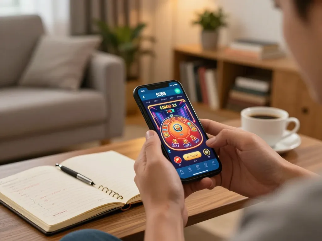 Engaged player using the SC88 app for online gambling in a cozy home environment.